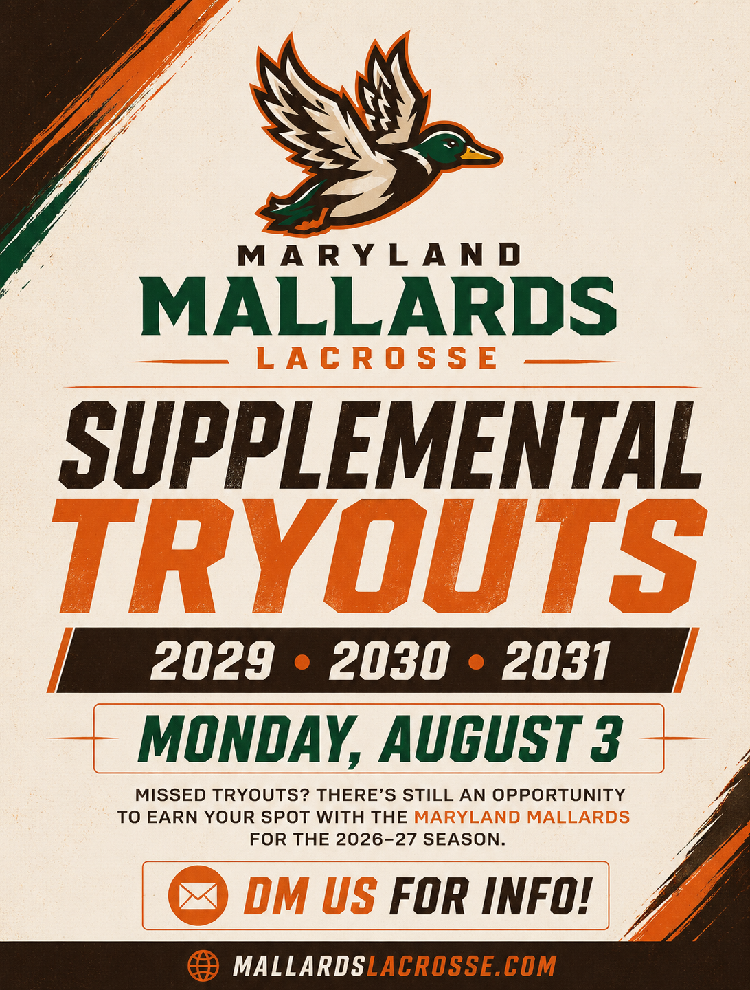 Maryland Mallards supplemental tryouts flyer for August 3, 2029–2031 grad years